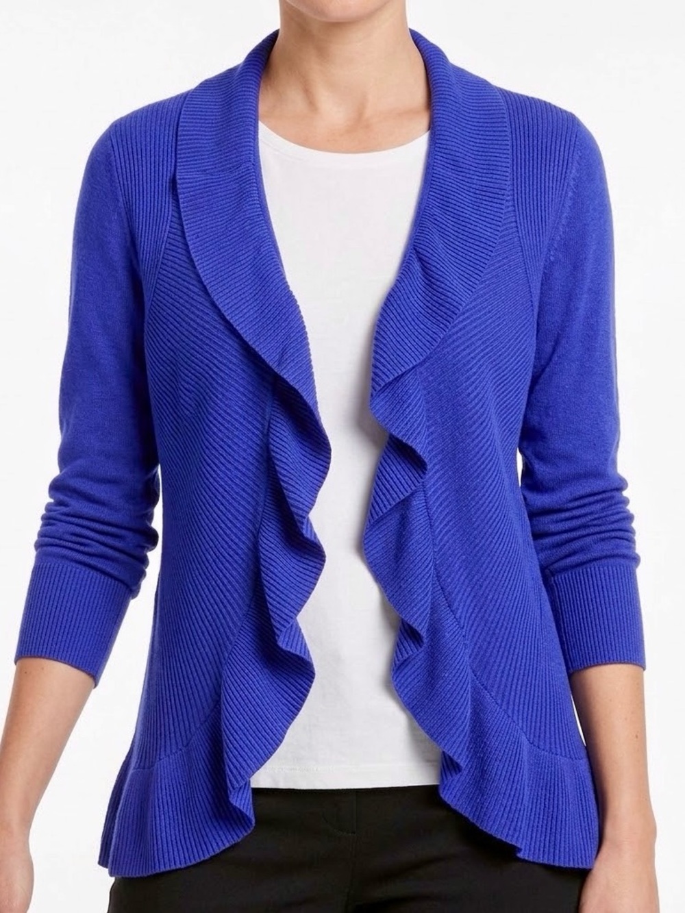 CHICO’S Ruffle Edge Purple Blue Ruffle-Front Open Cardigan Sweater — #LHP